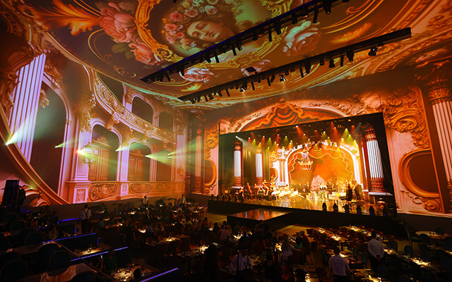A theatre auditorium with 360-degree projected imagery